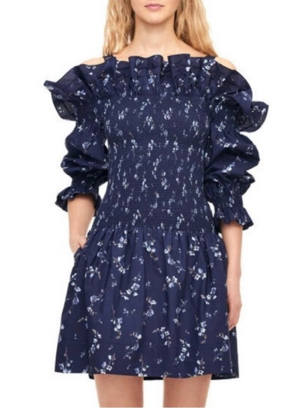 VERONICA BEARD Francine Blue Floral Off Shoulder Dress US 2 XS